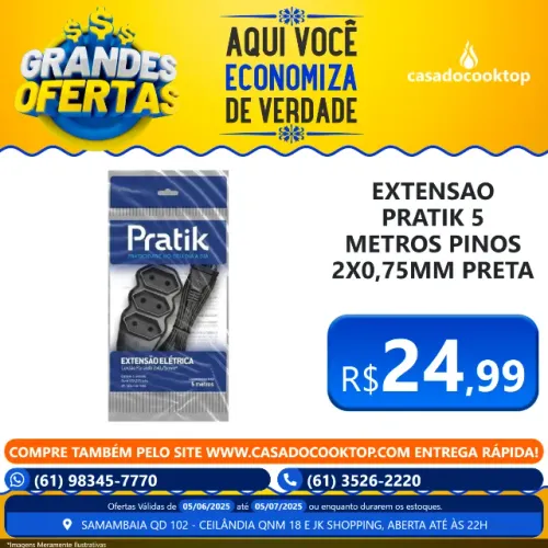 EXTENSAO PRATIK 5 METROS PINOS 2X0,75MM PRETA