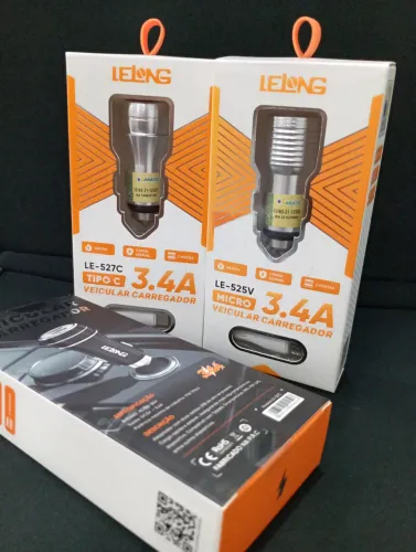 Carregador Veicular 3.4A LELONG com Cabo TIPO-C LE-527C / MICRO V8 LE-525V<br>