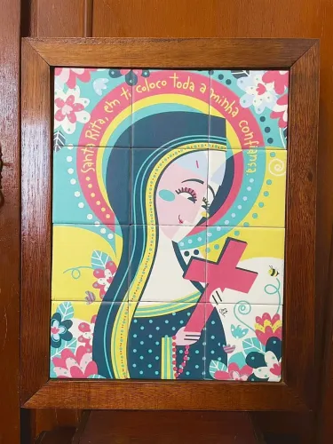 QUADRO AZULEJO/MADEIRA VINTAGE SANTA RITA PINTADO Á MÃO