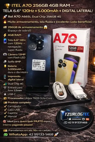 ITEL A70 256GB 4GB RAM - TELA 6.6" 120Hz + 5.000mAh + DIGITAL LATERAL!