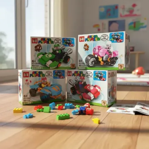 Kit 4 Blocos De Montar Super Mario Kart Carrinhos Brinquedo