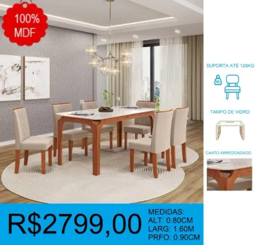 Mesa 100% mdf com 6 cadeiras -parcelamos até 12X sem juros