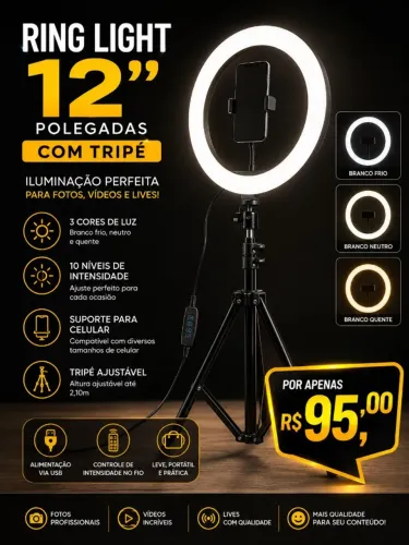 QUEIMA DE ESTOQUE RING LIGHT DE 12 POLEGADAS COM TRIPE