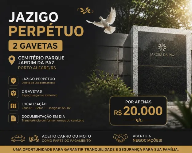 JAZIGO PERPÉTUO - CEMITÉRIO JARDIM DA PAZ / 2 GAVETAS / R$ 20.000