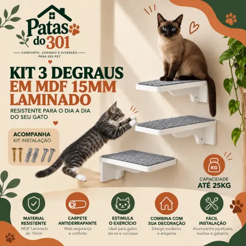 Kit 3 Prateleiras para Gatos MDF Branco - Instalação Grátis 