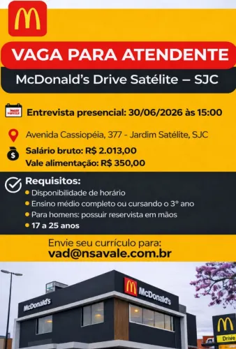 Vaga para atendente - MC Donald's SJC