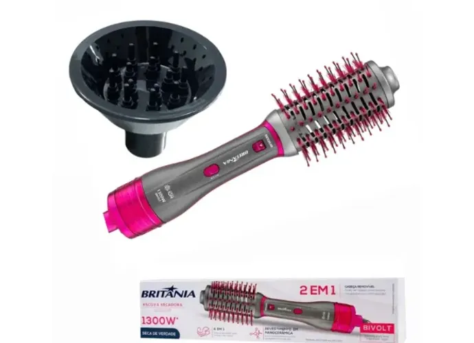Escova Britânia Profissional 5 Em 1 Secador Alisadora 1300w Bivolt Com Difusor De Cachos