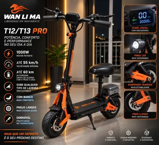 Patinete Elétrico Wan Li Ma 1000W - 55km/h - Autonomia 60km