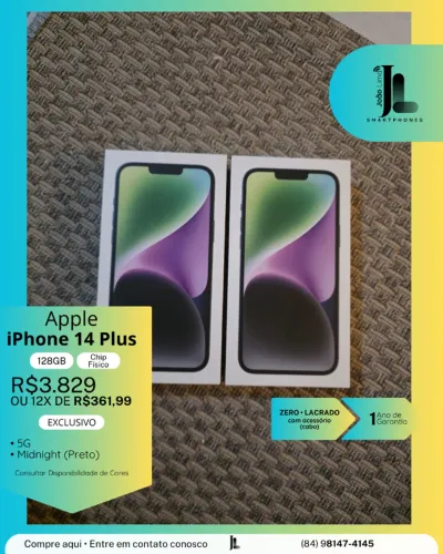 IPHONE 14 PLUS, 5G, 128GB, CHIP FÍSICO, LACRADO, EXCLUSIVO!