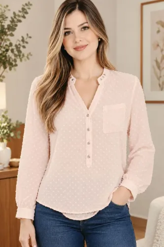 Camisa social manga longa em chiffon flocado rosê tamanho M