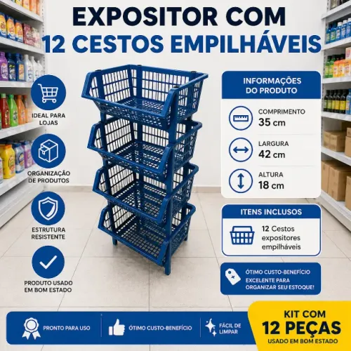 Kit 12 Cesto Expositor Plastico Médio Gondola Empilhavel Azul