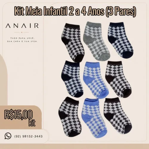 Kit Meia Infantil 2 a 4 Anos (3 Pares)