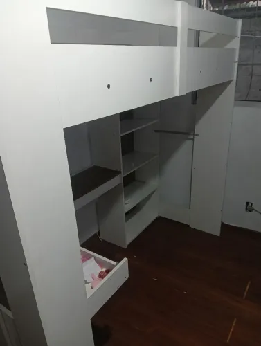 Cama Alta Multifuncional com Escrivaninha Penteadeira Branco/Nogal