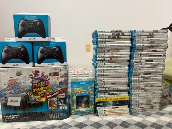 Nintendo Wii U Deluxe Set 32GB + 3 Pro Controllers + 67 Jogos Originais Completos