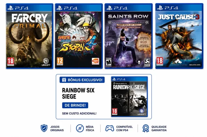 Playstation 4 Far Cry Primal + Saints Row + Just Cause 3 + Naruto 4 + Bônus | PS4
