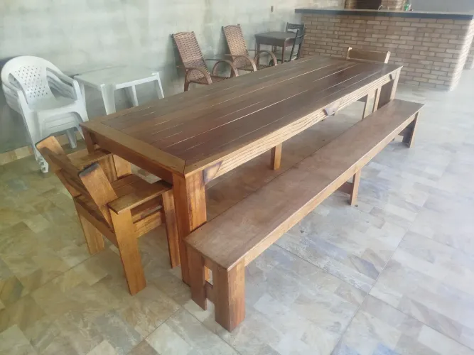 Mesa Rústica 3 m x 90 cm mais dois bancos e mais 2 cadeiras estilo RACK