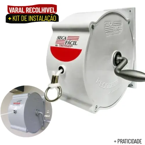 Varal de Parede Retrátil em Nylon com 30 Metros de Corda e Kit de Instalação - SCS44