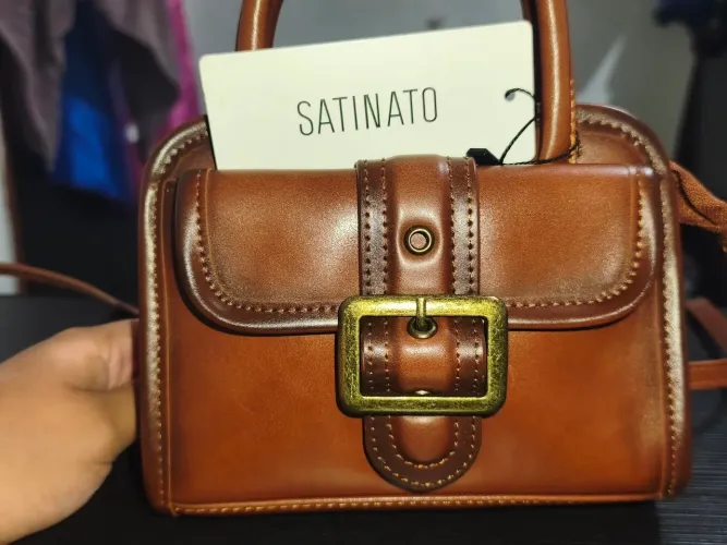 Bolsa Feminina Transversal Satinato de Couro Marrom Vintage