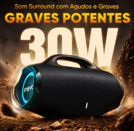 INOVA Caixa de Som Bluetooth 30W Potente IPX6 RGB TWS Bateria 3000mAh 8h Portátil USB TF