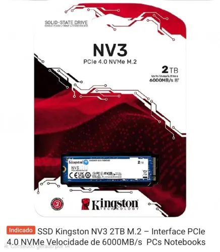 SSD Kingston NV3 2 TB, saúde 100%