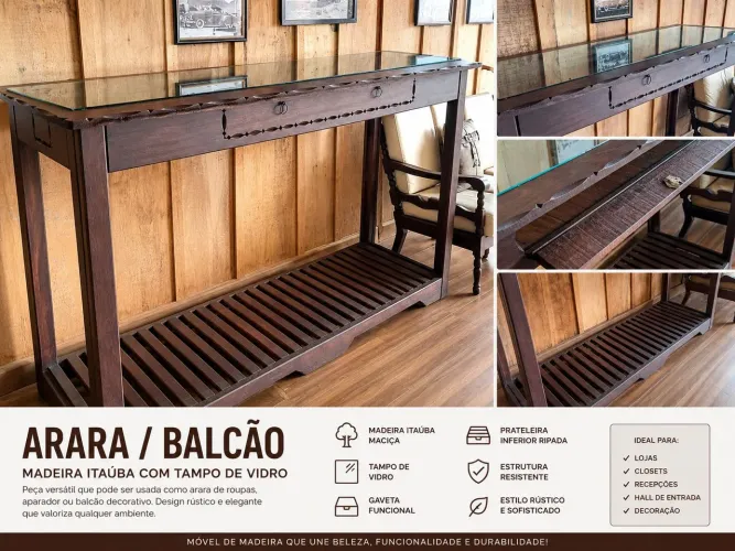 Arara/balcão em madeira itaúba com tampo de vidro