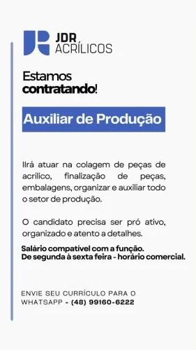 Vaga para Auxiliar de Produção