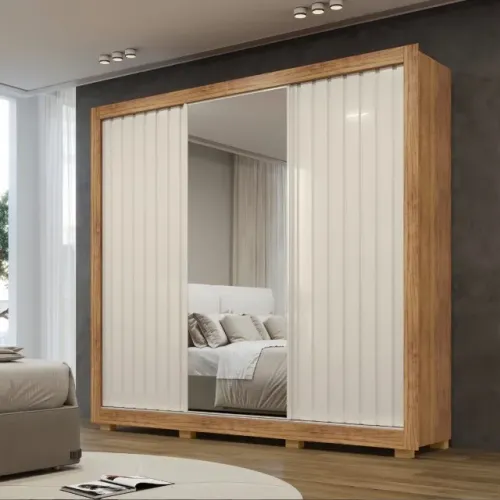 Guarda-Roupa Luxor Ripado 3 Portas de Correr com Espelho Cedro Areia