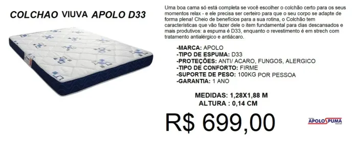 Colchão viuva D33 Oferta imperdível