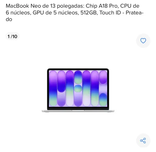 MacBook Neo de 13 polegadas 512GB, Touch ID - Prata