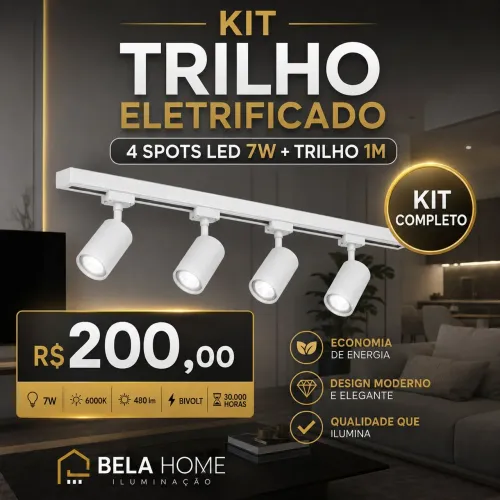 KIT TRILHO ELETRIFICADO + 4 SPOTS LED DELIS