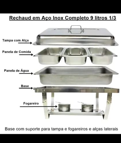 Rechaud Profissional Inox 12L com 3 Divisórias para Buffet Festas Eventos