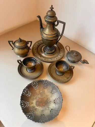 Conjunto de peças antigas, Samovar, bule, bandeja, xícara 9 peças. Antiguidade