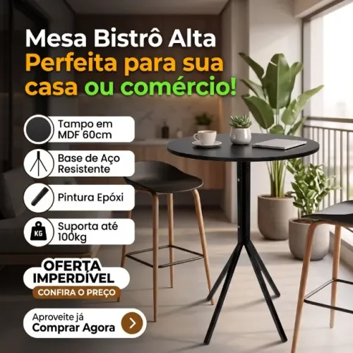 Mesa Bistrô Redonda Multiuso Preta 60cm MDF Estrutura em Aço