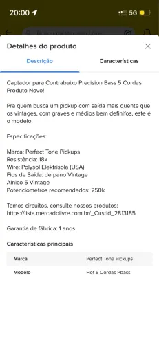 Captador Precision Hot Perfect Tone 5 cordas Alnico