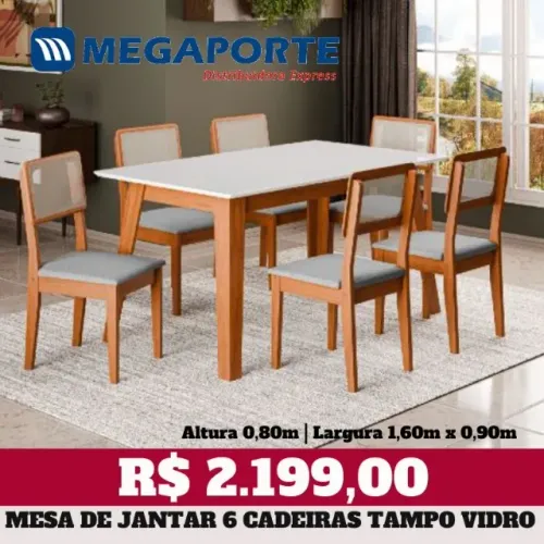 Mesa de Jantar 6 Cadeiras Tampo de Vidro 1,60m (NOVO) Entrega Grátis!