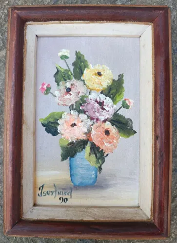 Quadro Vintage Pintura a Óleo sobre Tela, assinado Iserhard - Vaso de Flores (1990)
