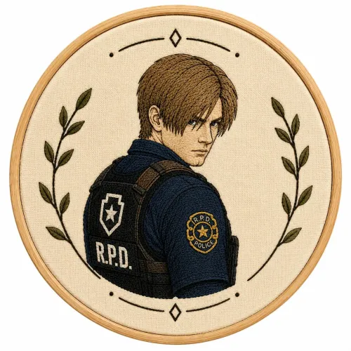 Quadro bordado Leon Resident Evil em bastidor  14cm. 