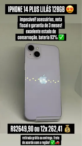 iphone 14 Plus Lilás 128GB - Nota Fiscal e Acessórios