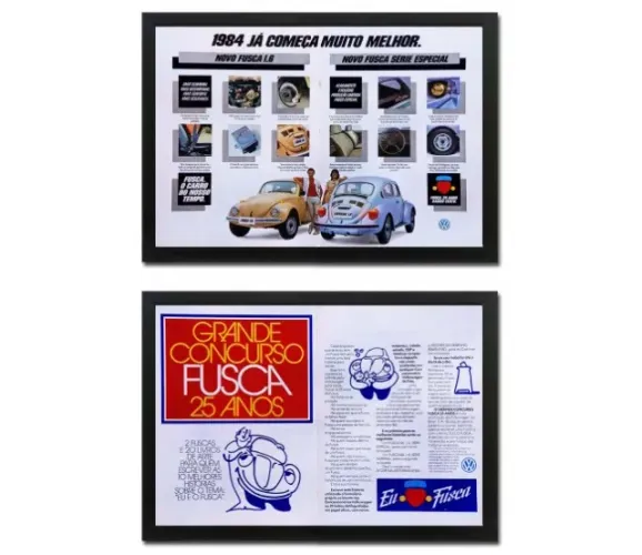 Fusca Série Love 1984 - Kit 2 quadros decorativos com propaganda original de revista