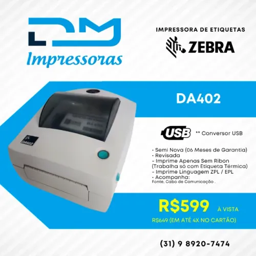 Impressora Térmica de Etiquetas Zebra Da402 (Antiga GC420d USB) - 6 Meses de Garantia
