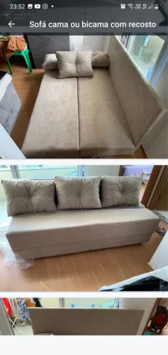 Sofá cama com 3 almofadas bege