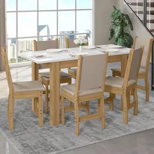 Mesa de Jantar Bellagio com 6 Cadeiras Clara Freijo.Off White Poliman - Entrega Rápida!