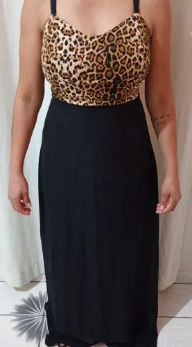 Vestido saia longa preta com top oncinha Tam 38/40
