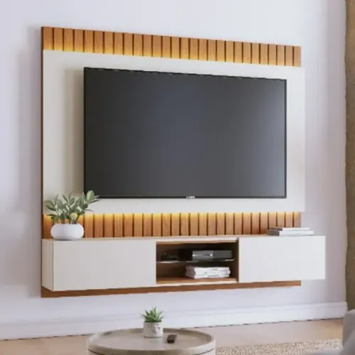 "Design Moderno e Funcional: Painel Búzios com LED, 2 Portas e Prateleira de Vidro para TV