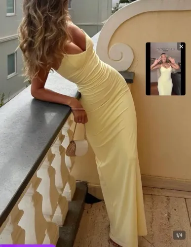 Vestido Longo Elegante e Romântico em Amarelo Manteiga para Festa, Encontro Romântico