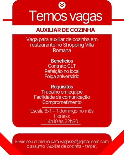 Vaga para auxiliar de cozinha - tarde