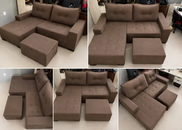 Jogo de Sofá de canto com almofadas seminovo chaise e puf