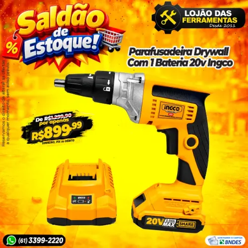 Parafusadeira Drywall Com 1 Bateria 20v Ingco