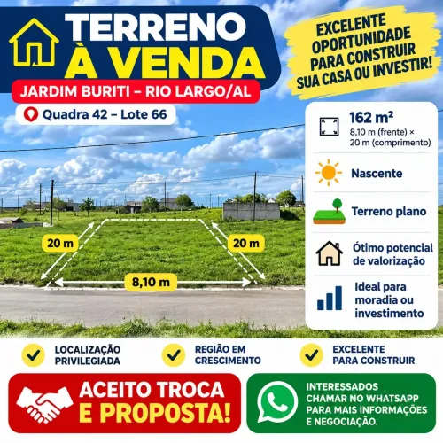 TERRENO À VENDA - JARDIM BURITI, RIO LARGO! ACEITO TROCA