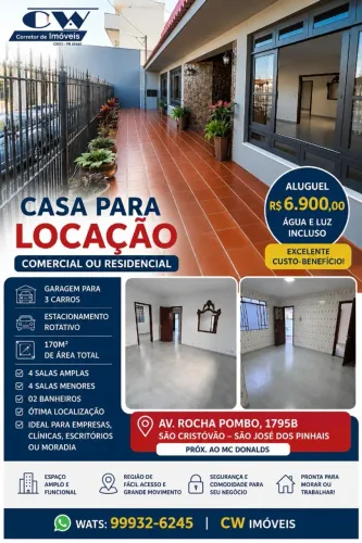 Casa Comercial 170m² para Aluguel -agua e luz incluso, ótima localização São José dos Pinh